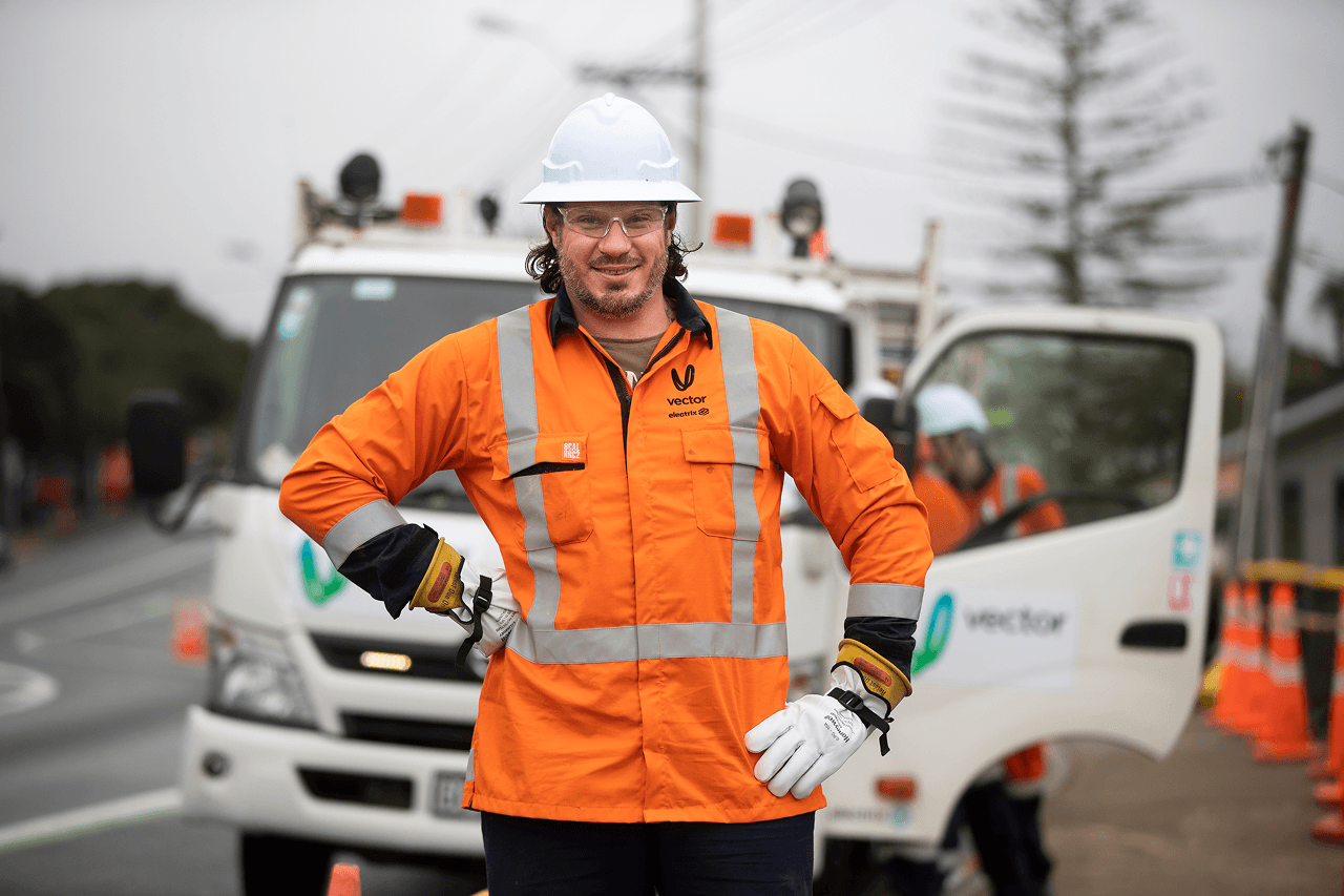 Vector employee in front of van