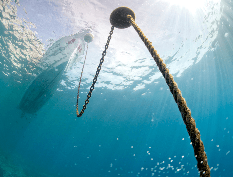 looking up from underwater at boat anchor chain