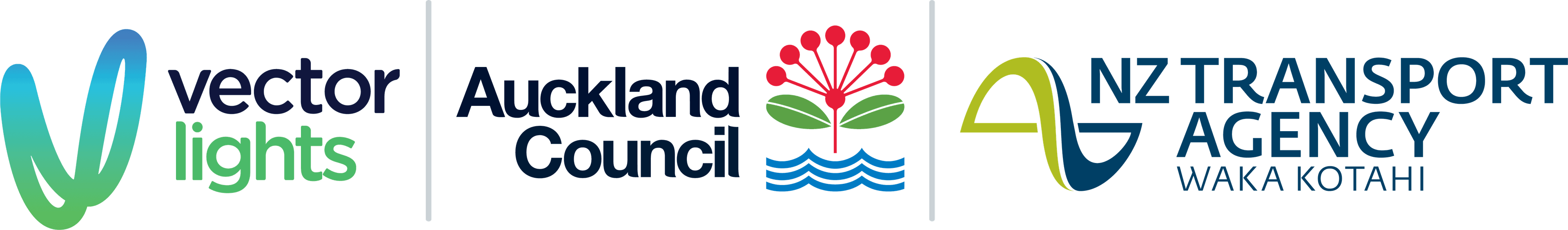 Partnership logo of vector lights auckland council and NZ transport agency 