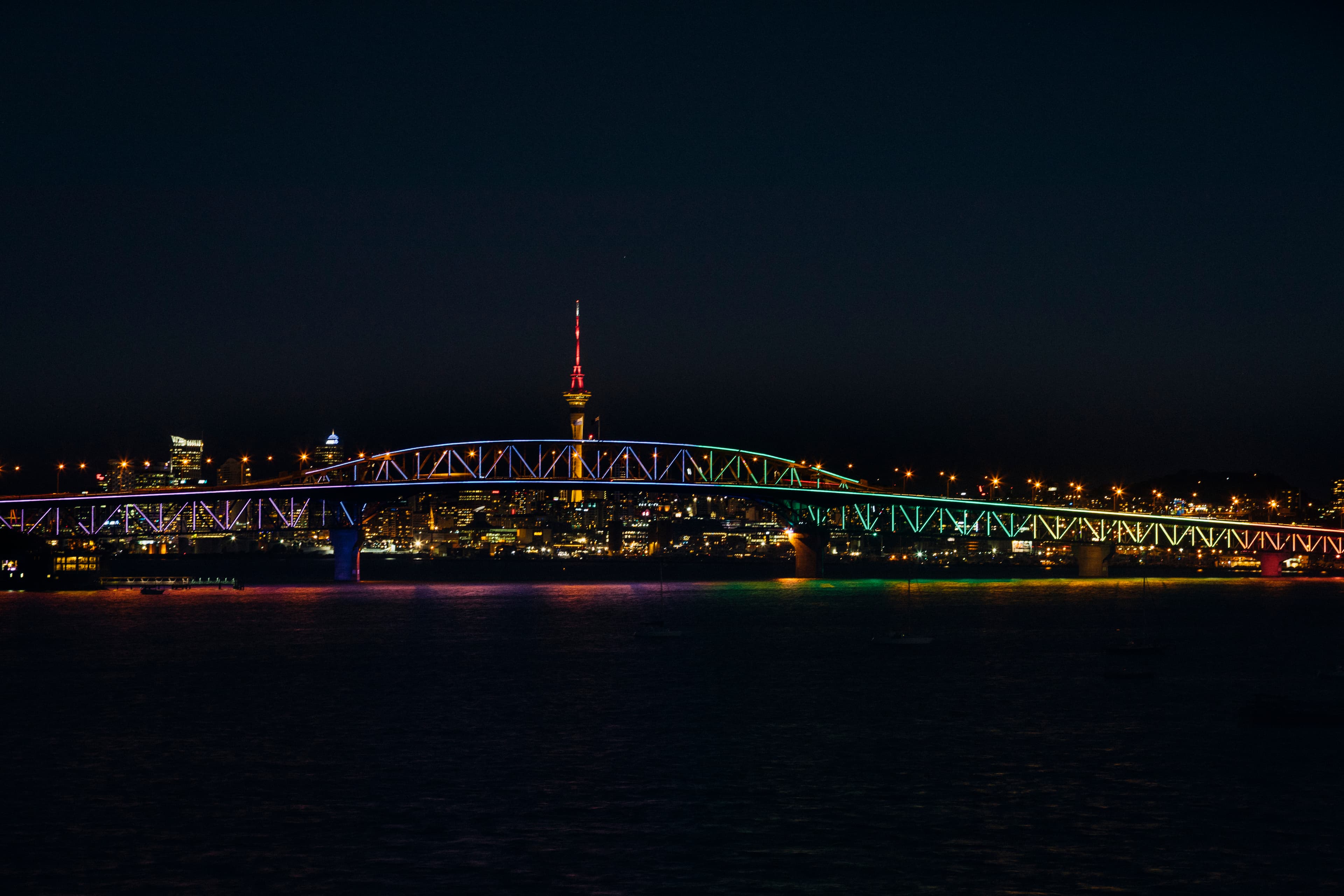 Vector Lights bridge lit up in rainbow